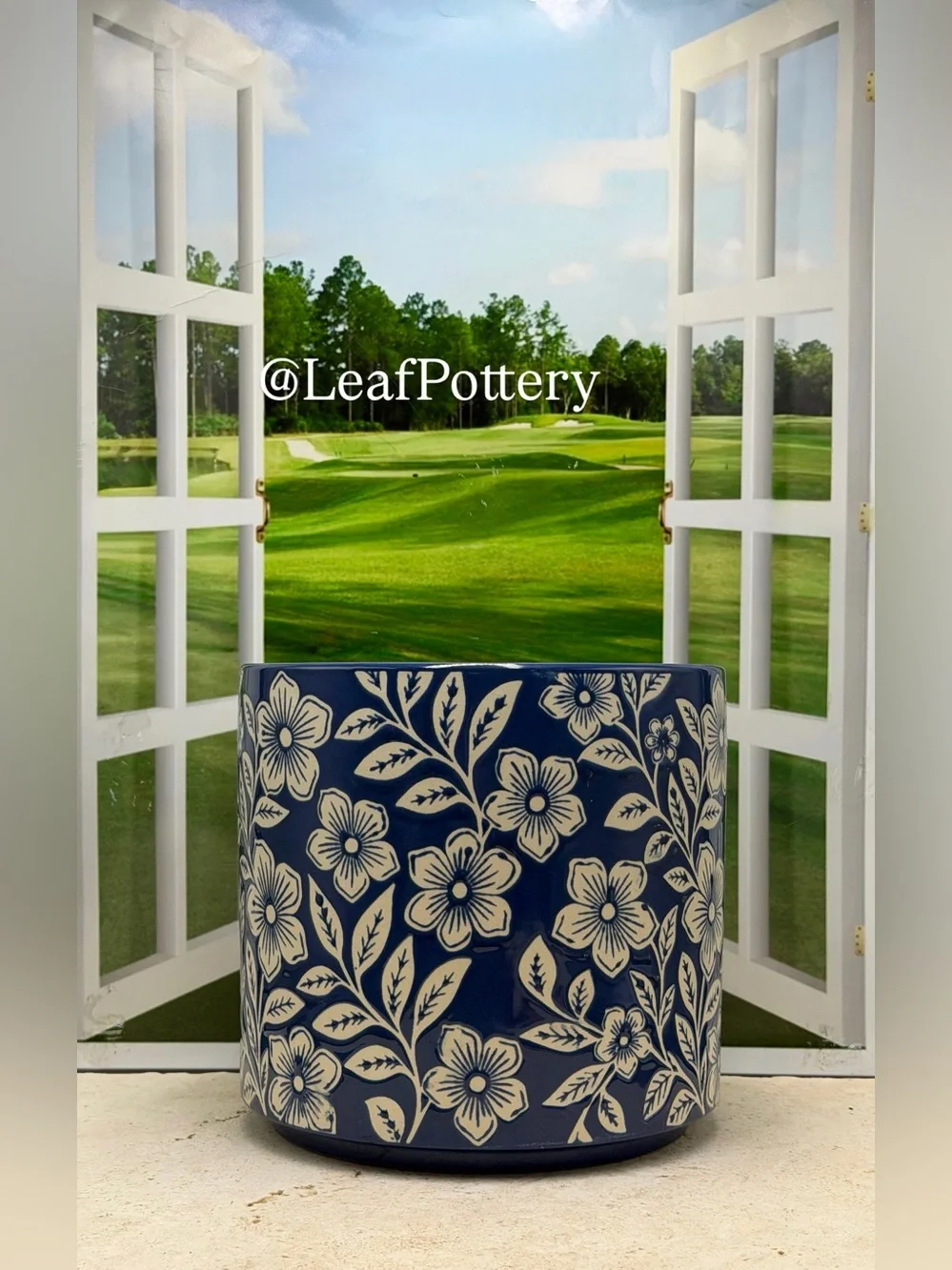 Blue and White Floral Ceramic Planter with Drainage Hole, 7 Inch Flower Pot